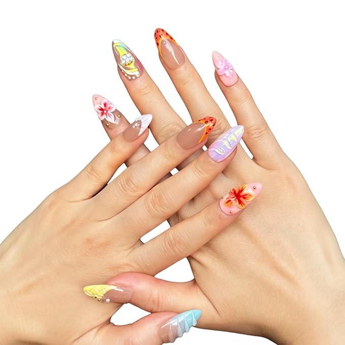 Handmade Press On Nails - Luxury Medium Almond Acrylic Nails with 3D flowers & Rhinestone Reusable Fake Nails, Elegant French Tip Contrast Color Design Nail Art for Women(10PCS)