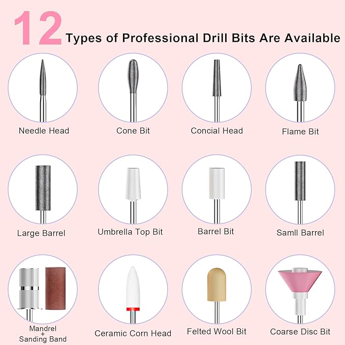 Professional Electric Nail Drill 40000RPM for Salon Home Use, Rechargeable Nail File Machine Kit with 12PCS Bits for Acrylic Gel Nails, Portable Efile Manicure Pedicure Tool (White)