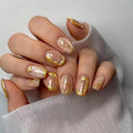 Nude Cat Eye Press on Nails Short Square, Irregular Chrome Gold Line Glitter Acrylic Fake Nails, Salon Quality Reusable Magnetic Press Ons, Daily Wear Nail Kit Gift for Women Girls