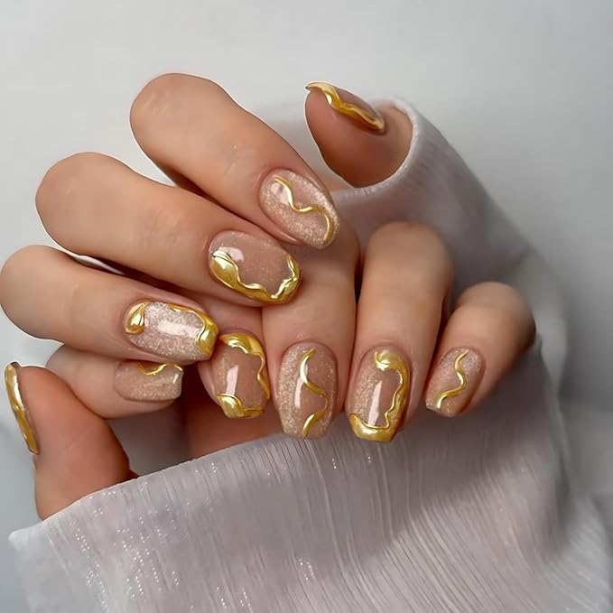 Nude Cat Eye Press on Nails Short Square, Irregular Chrome Gold Line Glitter Acrylic Fake Nails, Salon Quality Reusable Magnetic Press Ons, Daily Wear Nail Kit Gift for Women Girls