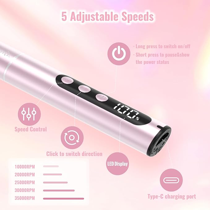 Electric Nail Drill Cordless, 35000RPM Portable Electric Nail File with LCD Display and 12 Nail Drill Bits for Acrylic & Gel Nails, Professional Manicure & Pedicure Kit Set Pink