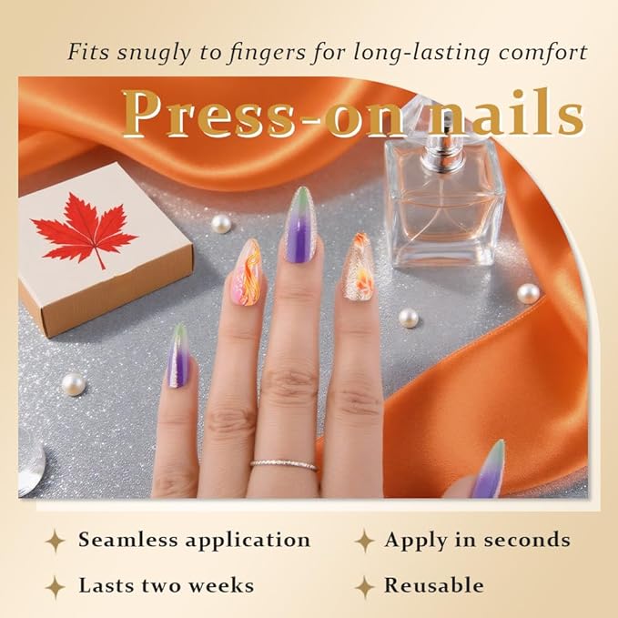 evpct Fall Press on Nails Medium Almond Maple Leaf Design, Purple Blue Green Ombre Sparkle Glitter Silver Glossy Fake Nail Kit for Women Girls, 24Pcs Perfect Fit Reusable Stick on Nail Press ons