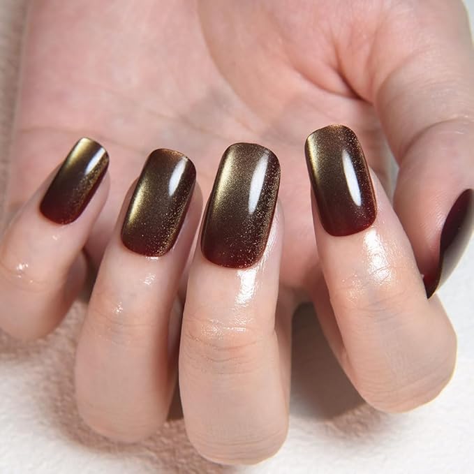 Brown Khaki Reflective Cat Eye Press on Nails Medium Square, Medium Square Press Stick on Nails Chrome for Women, Holographic Glitter Glossy Reusable Gel Acrylic Fake Nail with Designs Cateye Effect