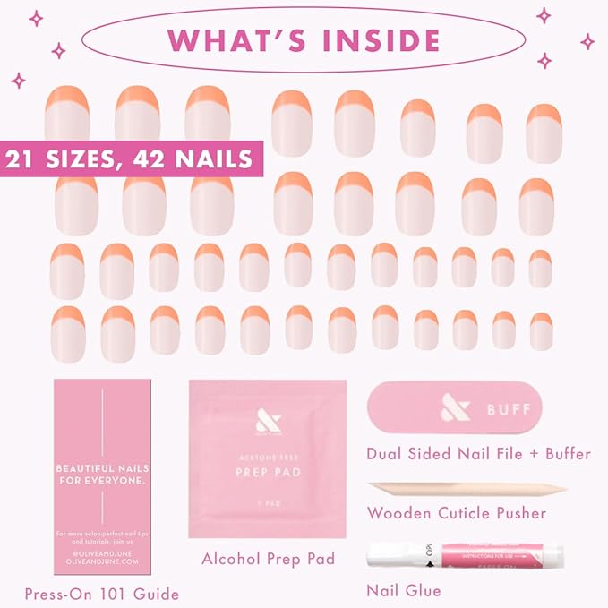 Olive & June Maximalist Instant Mani Press-On Nails (Glue) | 42 Fake Nails, 21 Sizes | Non-Toxic, Long-Lasting Big, Bold Gorgeous Realistic Look | Extra Short, Round | Bounce Back Chrome French