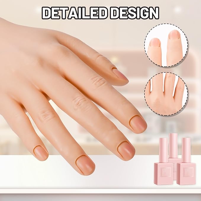 Silicon Practice Hand for Acrylic Nails, Realistic Fake Hand with Stand, 40 Nail Tips and 48 Adhesive Tabs, Reusable & Flexible Mannequin Training Model for Manicure & Nail Art Practice