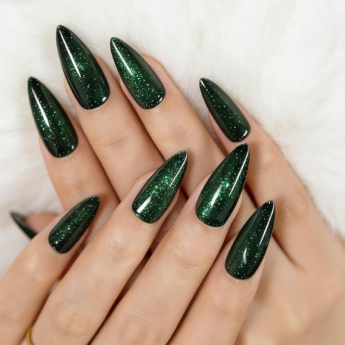 Green Cat Eye Press on Nails Almond Medium Fake Nails Sparkly Glitter Black False Nails Press ons Designs Gradient Gel Glue on Artificial Nails for Women Manicure 30Pcs