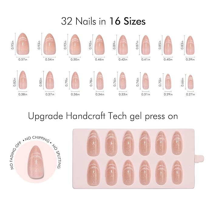 VSALON Press On Nails Medium Almond, Nude French Tip Cat Eye Shimmer Nails, Salon Quality Semi-transparent Fake Nails Kit - 32 PCS Stick on Nails in 16 Sizes with UV Glue & Cuticle Oil