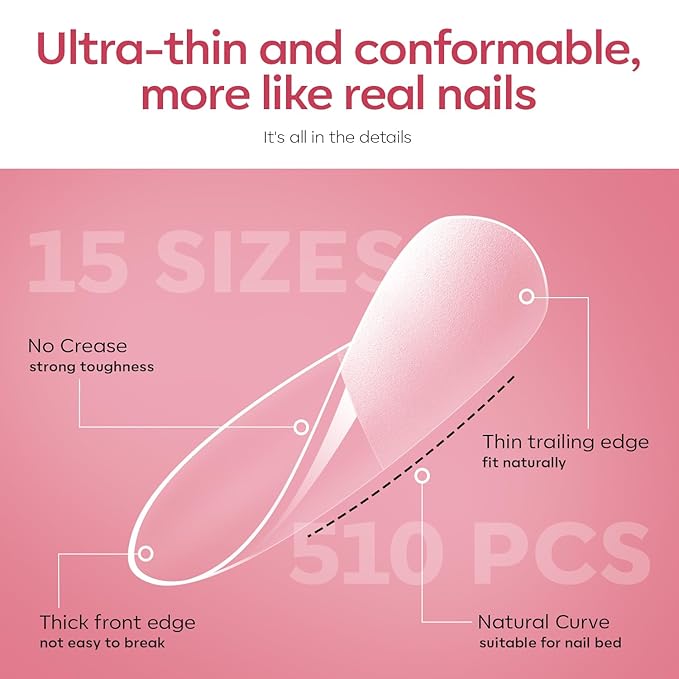 modelones X Nail Gel Kit Almond, 510Pcs Nail Tips Solid Glue Prep Dehydrator & Mini U V LED Light Clipper, Upgrade 15Sizes Medium Almond Press on Tips Etch Half Matte for Easy Extension DIY Women Gift