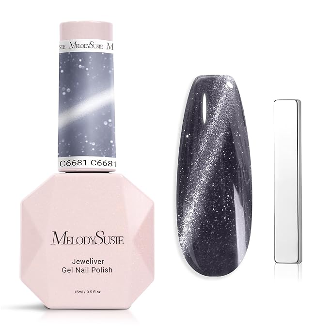 MelodySusie Jeweliver Cat Eye Gel Nail Polish, 0.5 Fl Oz Dark Gray Glitter Holographic Magnetic Nail Polish with Magnet, UV Nail Polish for Nail Art Manicure Salon DIY at Home C6681