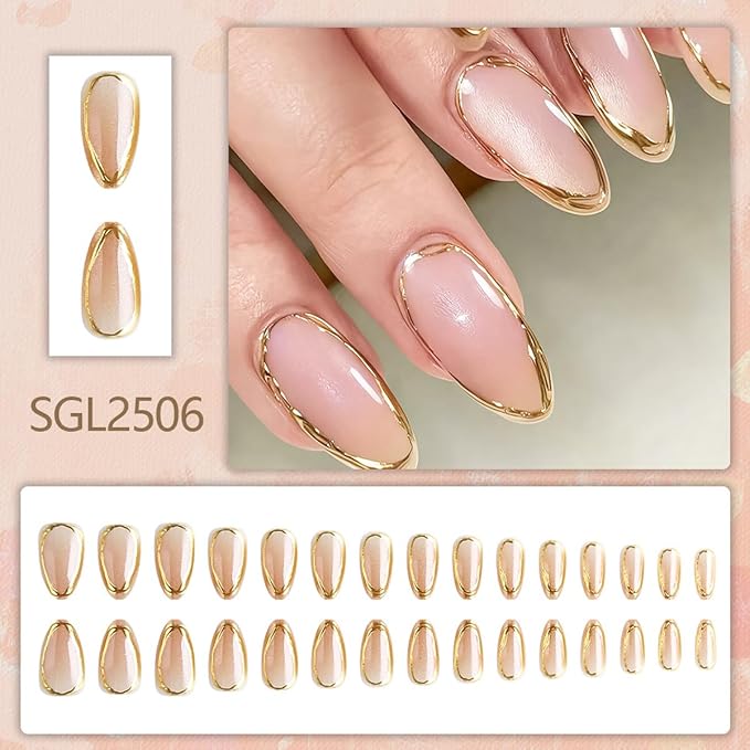Almond Press On Nails Short Fake Nails Gold False Nails Press ons with Golden Edge Wrap Design Glossy Acrylic Full Cover Luxury Stick on Nails for Women Girls Daily Manicure 30Pcs