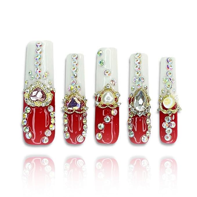 2025 Long Handmade Manicure Reusable Press-on Nails Mixed White and Red Fake Nails with Heart Gifts for Women (White & Dark Red, Medium)