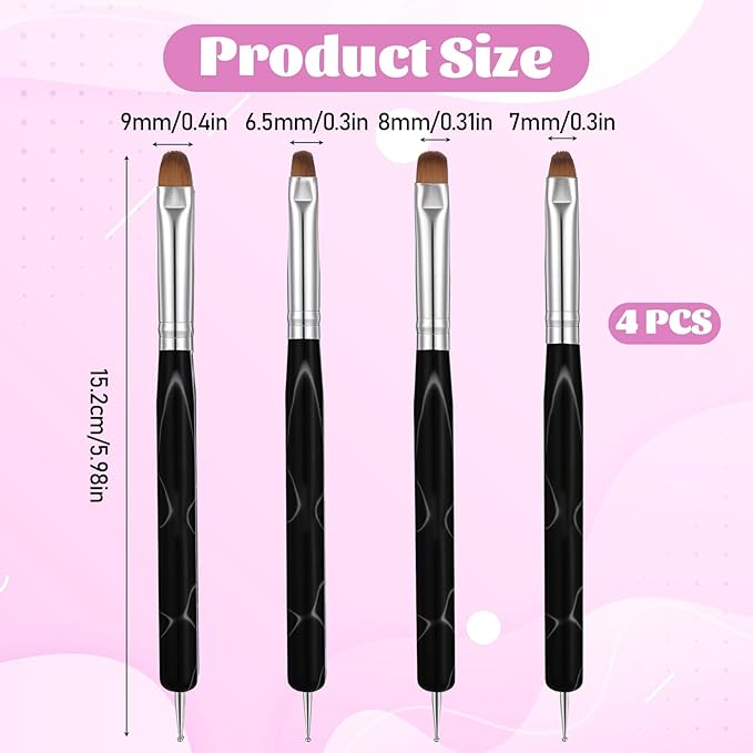 Jeffdad 4 Pcs Gel Nail Brush French Gel Acrylic Nail Art Brush with Dotting Tool Professional Manicure Brush Small Detail Painting 3D Acrylic Brushes (10# 12# 14# 16#, Black)