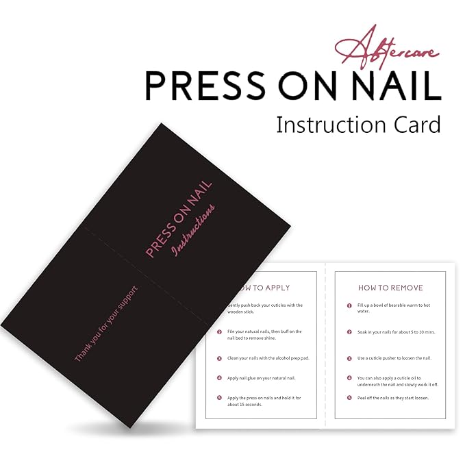 50 Pack Press on Nail Instructions Cards, Bebbtiy Press on Nail Application Guides Nail Aftercare Manicure Usage Business Supplies Card (Black-1)