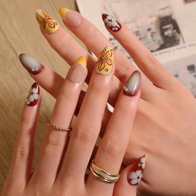 3D Flower Press on Nails Medium Almond with Design, Red Nail + Gold French Tip Glossy Stick on Nails for Women with Kit, Reusable Soft Gel Stick on Fake Nail with Flower Floral Designs Perfectly Fit