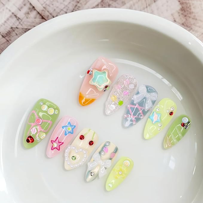 Short Press on Nails Almond Handmade False Nails 3D Stars Bow Pearl Designs Summer Flower Cherry Thick Acrylic Nails Full Cover Fake Nail Set Cute Glue on Nails for Women (Size S)