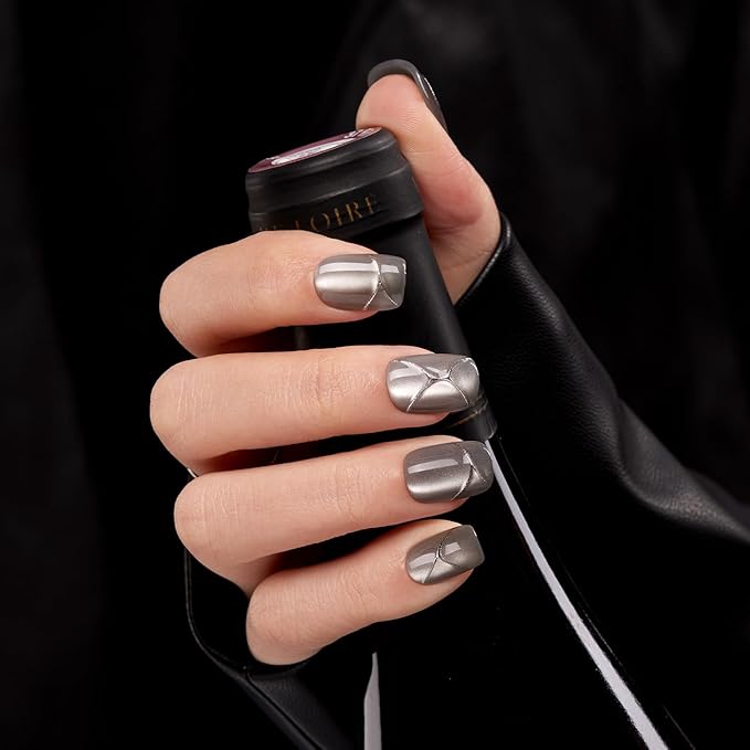 VSALON Press on Nails Short Square - Silver Gray Cat Eye Glossy Valentine 3D Art Design Glue on Nails, Reusable Opaque Gel Fake Nails Gifts for Women - 32 PCS in 16 Sizes with Glue & Cuticle Oil