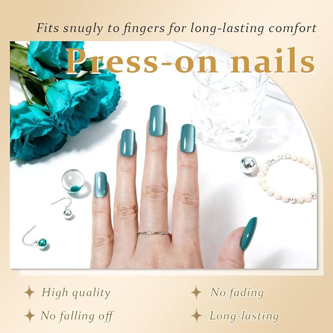 Cat Eye Light Cyan Press On Nails Medium Long Length Square, Designer Reusable Acrylic Fake Nail with Glue, Glossy Gel Nails Wedding Party, Stick On Glue On Nail, Nails Press Ons for Women