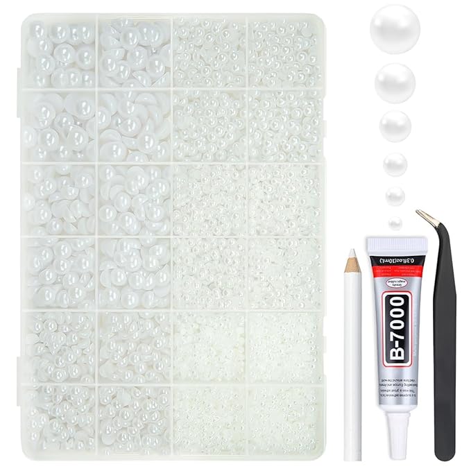 Pure White Flatback Pearls w B7000 Jewelry Glue for Bedazzling Crafting 3/4/5/6/8/10mm Half Round Pearl Bedazzling Beads Bedazzler Kit for Nails Face Eyes Makeup Tumblers Bottles Crafts Phones