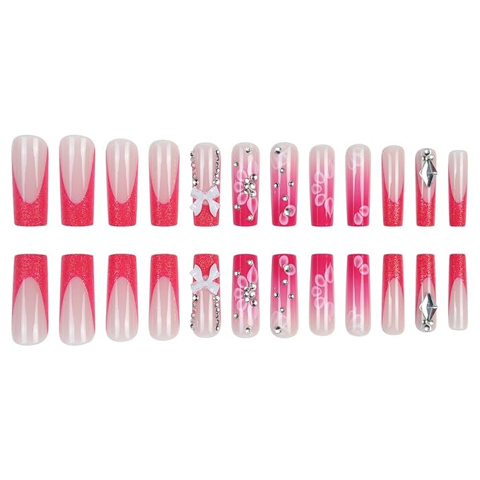 Pink French Tip Press on Nails Long Square Fake Nails 3D Bow Rhinestone Design Full Cover Glossy Glue on Nails for Women 24PCS
