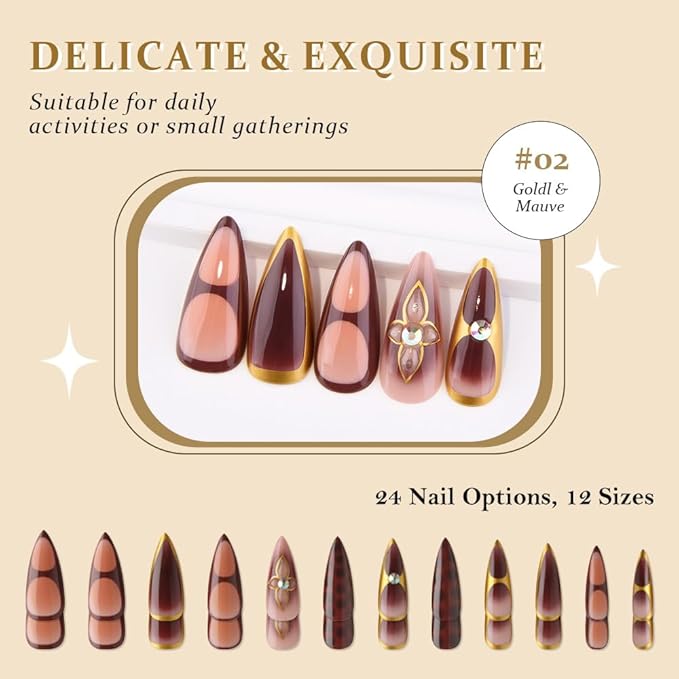 evpct Handmade Press on Nails Medium Almond, Mauve Artificial French Tip Fake Nails Kit with Gold Line & 3D Flower & Rhinestones Design, Stick on Nails with Nail Kit, 24Pcs Reusable Stick on Nail Kit