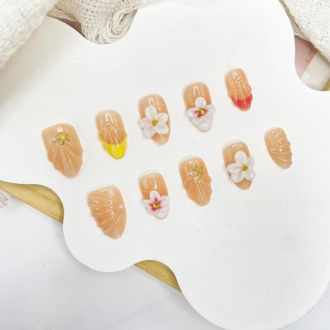 Handmade Press on Nails Rhinestones Press on Nails French Tip Short Almond Fake Nails with 3D Flower Fake Nails Full Cover Design False Nails Reusable Acrylic Nails for Women Art Manicure (Size M)