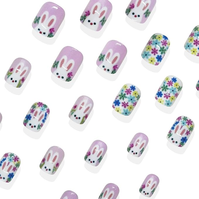 24 Pcs Easter Press on Nails Cute White Bunny Fake Nails Short Square Acrylic Nails with Colorful Flower Designs Full Cover Glossy False Glue on Nail for Women Easter Manicuare Art Decoration