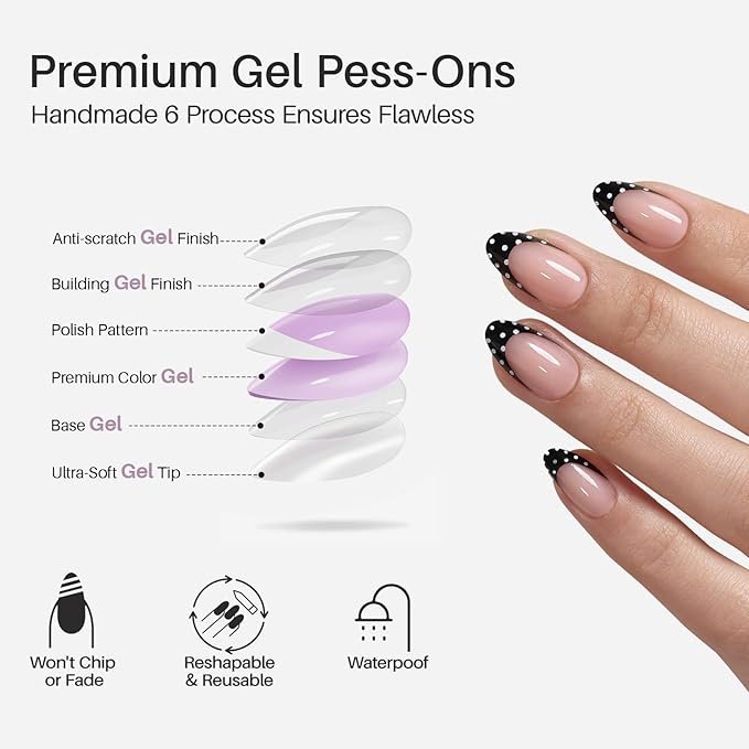Black French Tip Press on Nails Short - SHANGMENG Soft Gel Almond Press on Nails for Women, Seamless Fit Glue on Nails in 16 Sizes - 32 Reusable Fake Nails Kit with Glue, Polka Dots