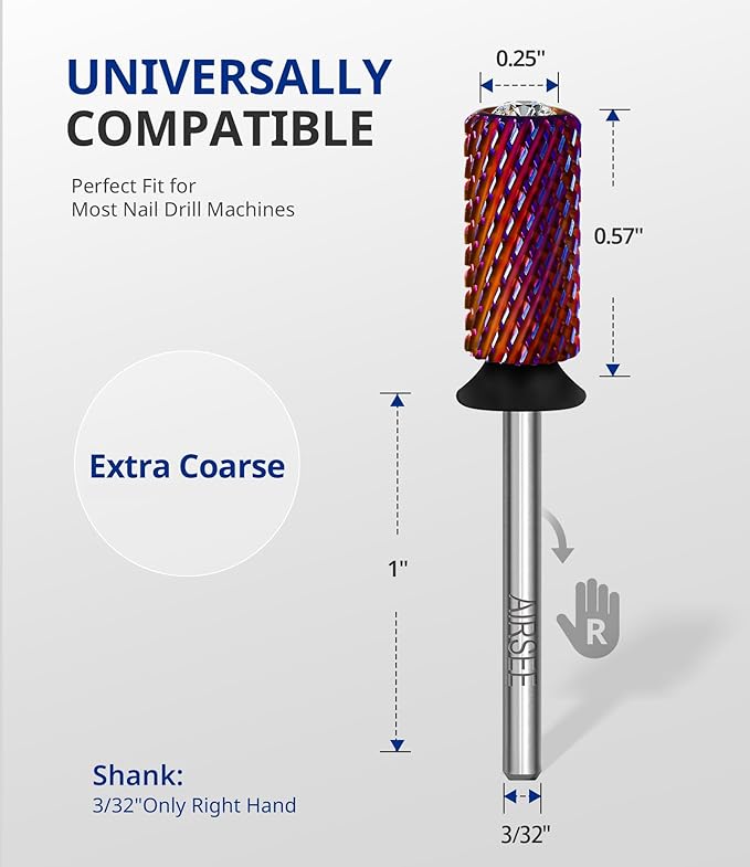 AIRSEE Tungsten Carbide Acrylic Nail Drill Bit Super Cut Bit Efile Electric File Machine Head Tip for Manicure Polishing Art Remove Gel Professional 3/32" Beginner Safety Crystal Top Barrel X Coarse
