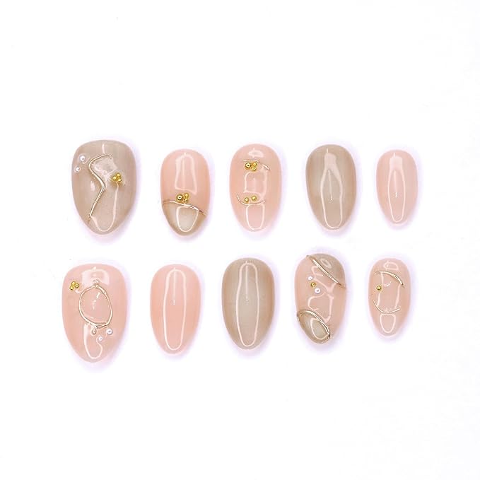 Handmade Press on Nails Short Length Thick Acrylic Nails Glitter False Nails with Steel Ball & Pearl Designs Almond Shaped Fake Nails French Full Cover Stick on Nail for Women (Size S）