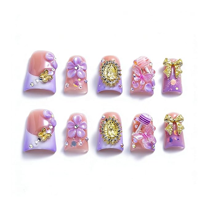 10 Pieces Luxury Acrylic Press On Nails Short Handmade Duck Nails, Pink And Purple Thickened False French Nails, Golden Bowknots, 3D Flowers And Lollipops, Reusable Acrylic Nails (M)