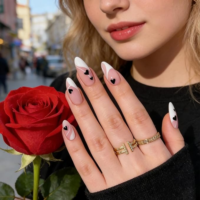 Valentine Press on Nails - Love Heart Fake Nails - Almond False Nails Press ons - French Tip Acrylic Glue on Nails - Artificial Stick on Nail for Women Manicure 24 Pcs