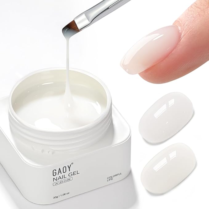 GAOY Colored Builder Base 30g with a Brush, 4-in-1 Long Lasting Nail Builder Gel Natural Jelly, Soak Off UV Light Cure Nail Strengthening, Milk White