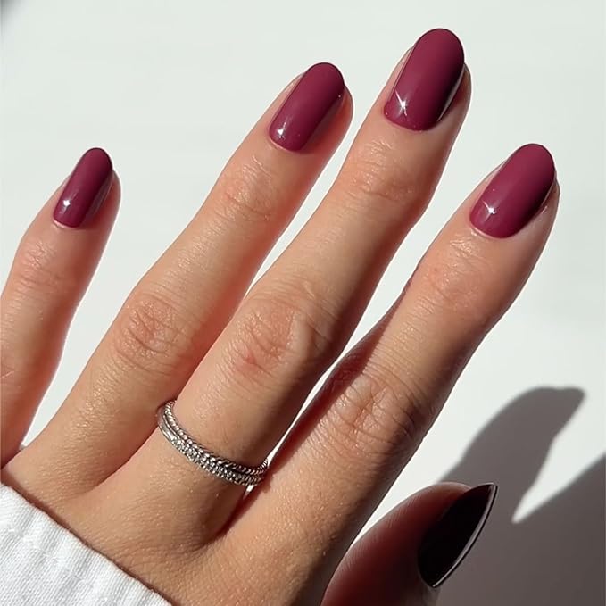 Glamnetic Press On Nails - Berry Maroon Fake Nails | Opaque Dark Red Maroon Short Round Fake Nails, Salon Quality | 12 Sizes - 30 Nail Kit with Glue
