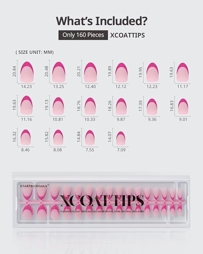 BTArtboxnails XCOATTIPS Pink French Tip Press On Nails - Short Almond Press On Nails, Soft Gel Nail Tips, Soak Off Pink Acrylic Fake Nail Extension in 16 Sizes