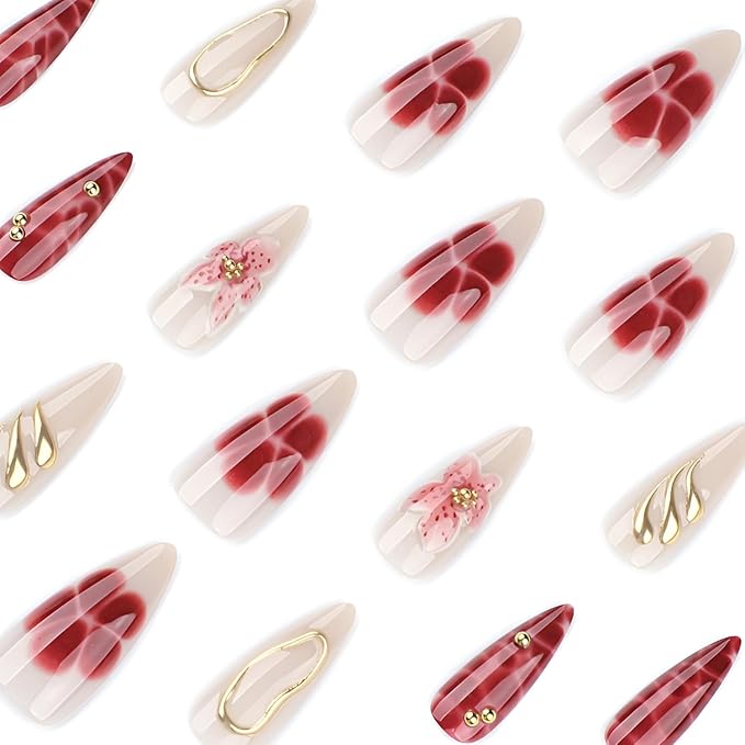 Flower Fake Nails Long Almond Press on Nails Gold Line False Nails Glossy Nails press Ons with Gold Rhinestones Design Acrylic Stick on Nail Reusable Stick on Nail for Women Decorations Set 24Pcs