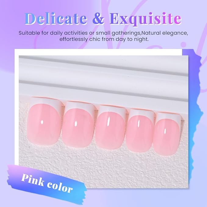 Pink White French Tips Press on Nails, Short Square Acrylic Fake Nails Design, Natural Reusable Glue-On Nails Kit for Women DIY False Nail Art Decoration Gift, Salon Quality Reusable 32 Psc