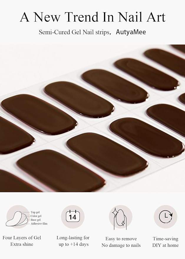 Semi Cured Gel Nail Strips (Chestnut), Dark Brown, 20 Pcs Gel Nail Wraps, Stickers, UV Light Required, Salon Quality, Long Lasting