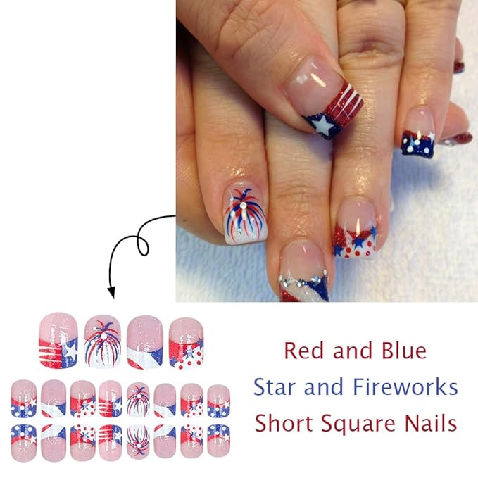 24Pcs Independence Day Press on Nails Short Square Fake Nails with Fireworks Designs French Tip Nails Press ons Full Cover Glossy Stick on Nails Polka Dot Glue on Nails for Women 4th of July