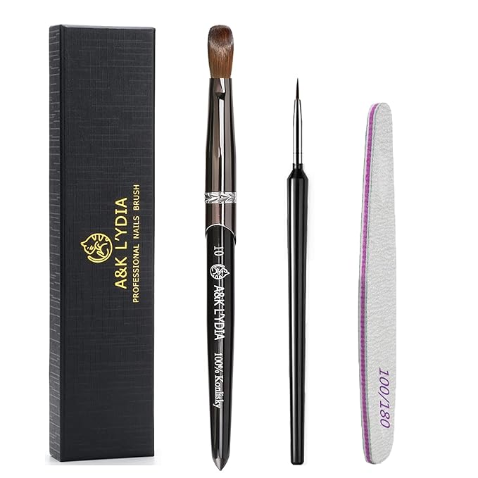 A&K L'YDIA Acylic Nail Brush-2pcs Pure Konlisky Sable hair Crimped Oval Nail Art Brush Black Metal handle with Nail Files for Professional acrylic Application Manicure Crystal Powder Pedicure