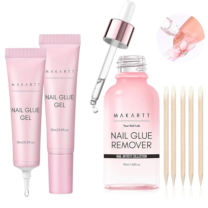 Makartt 3-in-1 Solid Gel Adhesive for Press-On Nails – Extra Strong False Nail Glue with Remover, Vitamin E Formula & 5 Wooden Sticks for Easy Removal