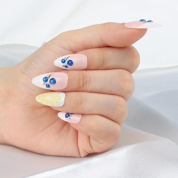 evpct French Tip Press on Nails Medium Almond, Nude Pink + White Tips, Artificial 3D Fake Nails Kit with Lemon Blueberry Designs, Stick on Nails with Nail Kit, 24Pcs Reusable Stick on Nail Kit Women