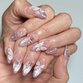Almond Press on Nails Medium - Ombre Purple Fake Nails with Flower Butterfly Design - Rhinestone, Full Cover Stick on False Nails for Women 24Pcs