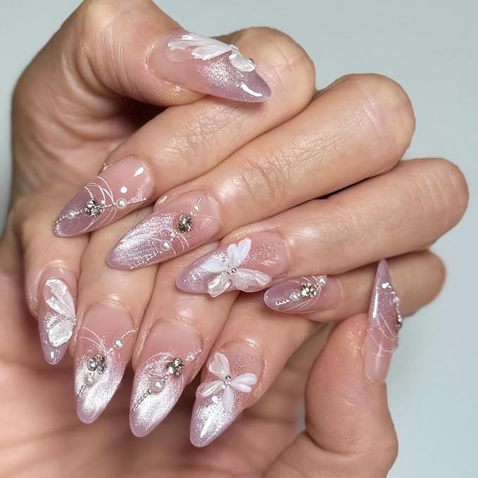 Almond Press on Nails Medium - Ombre Purple Fake Nails with Flower Butterfly Design - Rhinestone, Full Cover Stick on False Nails for Women 24Pcs