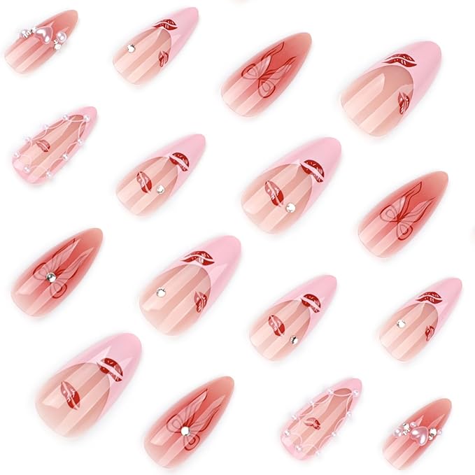 Medium Press on Nails Almond Fake Nails French False Nails Pink Artificial Nails with Pearl Designs Stick on Nails for Women 24pcs