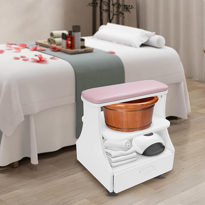 Pedicure Foot Rest, Manicure Foot Rest w/Wheels, Upgrade Widen Footrest Pedicure Foot Stool Stand, Portable Foot Bath Spa Cart Foot Massage Station Footrest, Home Beauty Salon Nail Foot Trolley Cart