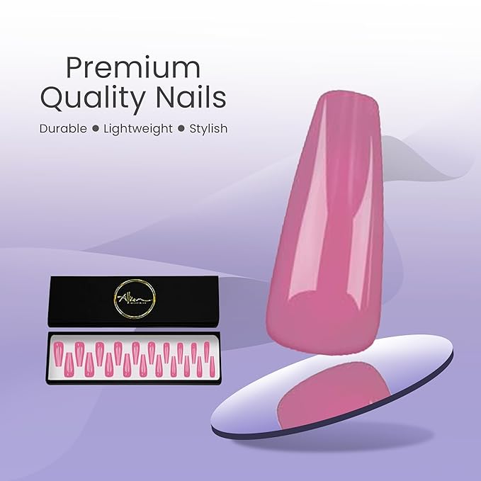 Allkem Press on Nails Extra Long Ballerina (20 Pieces) - Glossy Nail Extensions Kit - 10 Sizes Glue on Fake Nails (Rose Pink)