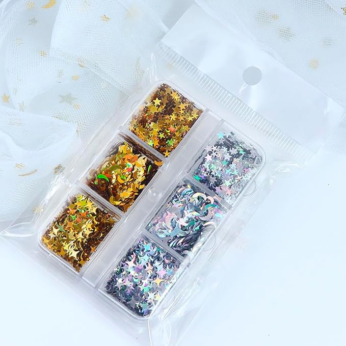 Nail Art Laser Gold Glitter Sequins Star Moon Manicure Sticker Silver Nail Decoration 6Grids