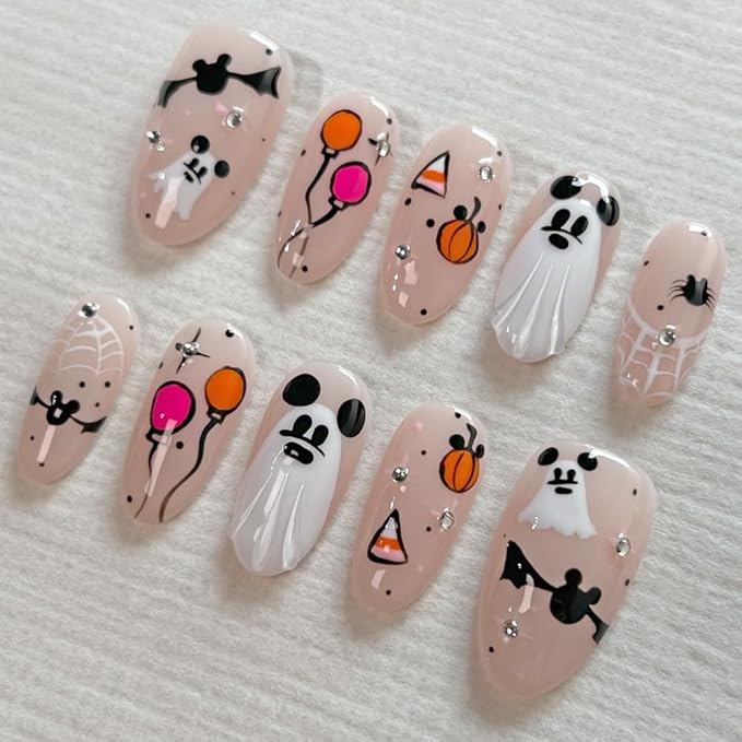 Press On Nails Handmade Medium Length Oval Fake Nails, Painting Cute Ghosts Design,10 Pcs Reusable ABS Material Finger Painting Fingernail Tip Salon Artificial Nails Kit (Size M）