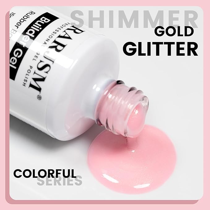 RARJSM Glitter Rubber Base Gel Nail Polish Nude Pale Pink Gold Shimmer Rubber Base for Nails Brush on Quick Extend Builder Hard Gel Soak Off Curing Requires 15ml Salon Home French Manicure