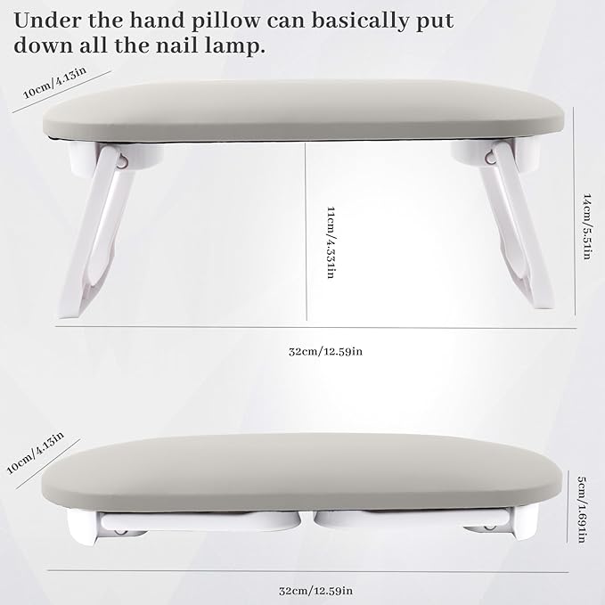 Nail Arm Rest, Professional Foldable PU Leather Nail Hand Rest with PVC Table Mat for Acrylic Nails, Soft Nail Hand Pillow Non-slip for Manicure Salon Use (higher-Grey)